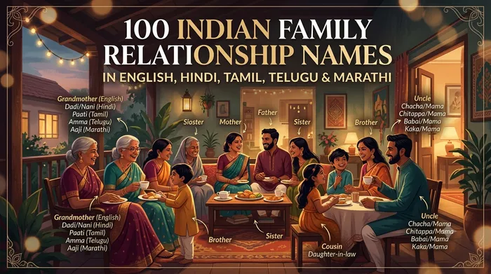 100 Indian Family Relationship Names in English, Hindi, Tamil, Telugu & Marathi