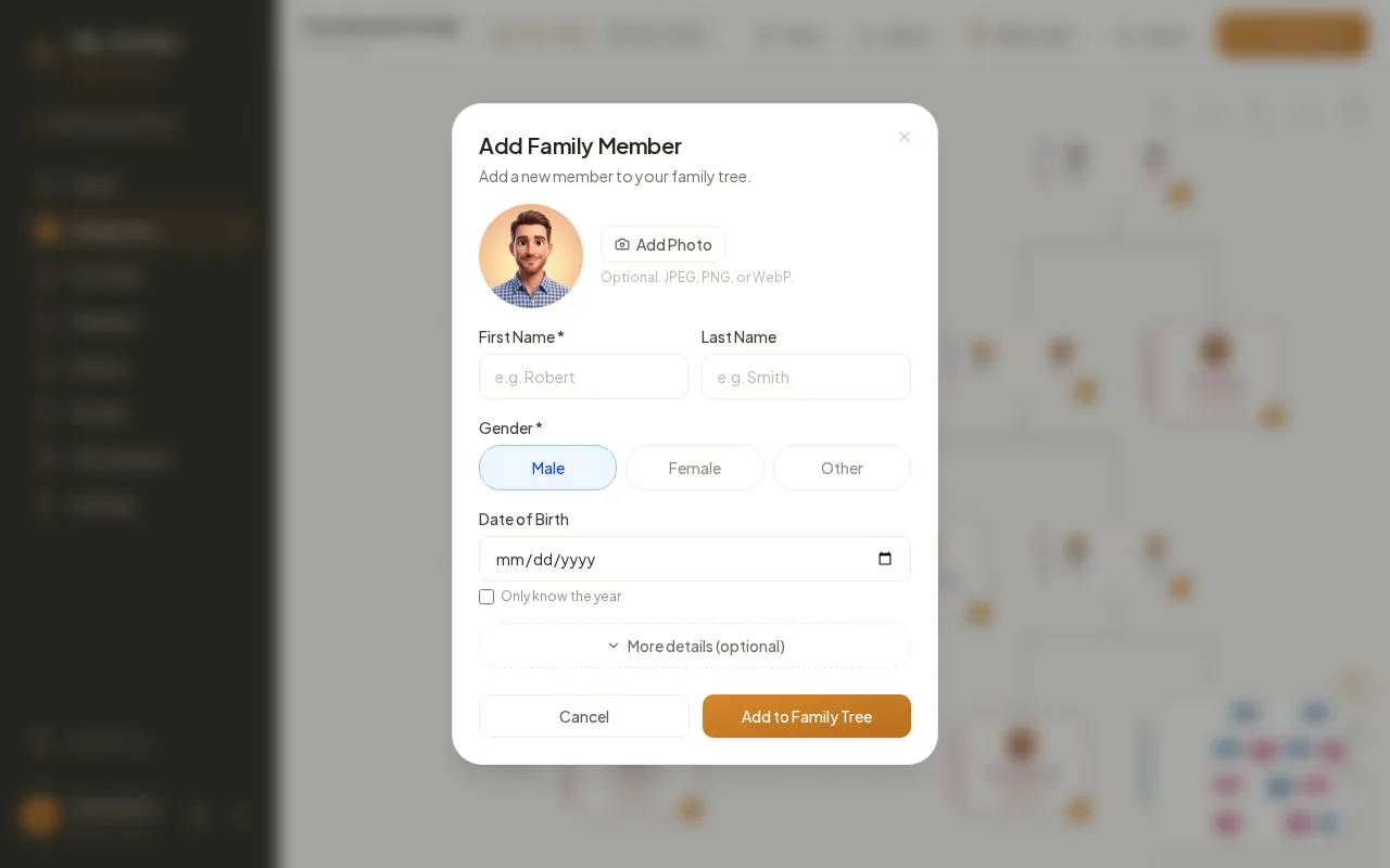 The Add Family Member dialog with a photo upload, name fields, gender buttons and date of birth