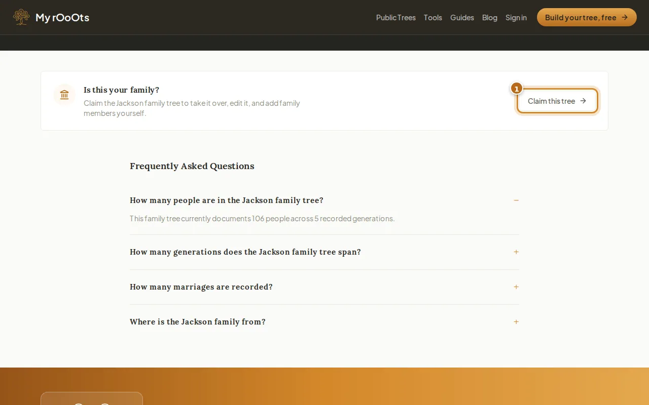 Screenshot for the guide: How to claim a family tree or profile that is already on My rOoOts
