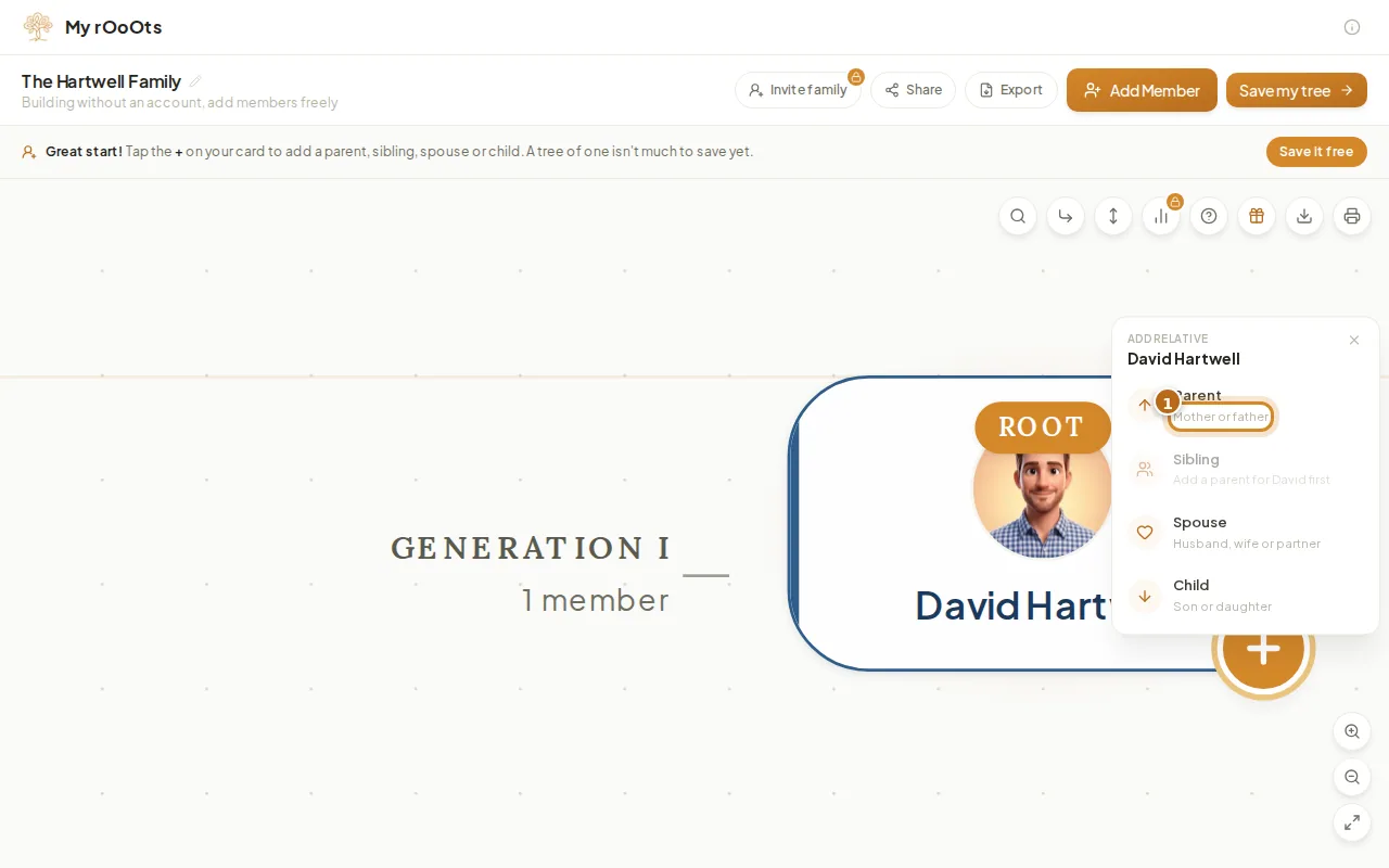 The add a relative menu open on David's card, offering Parent, Spouse, Child and Sibling, with Mother or father highlighted