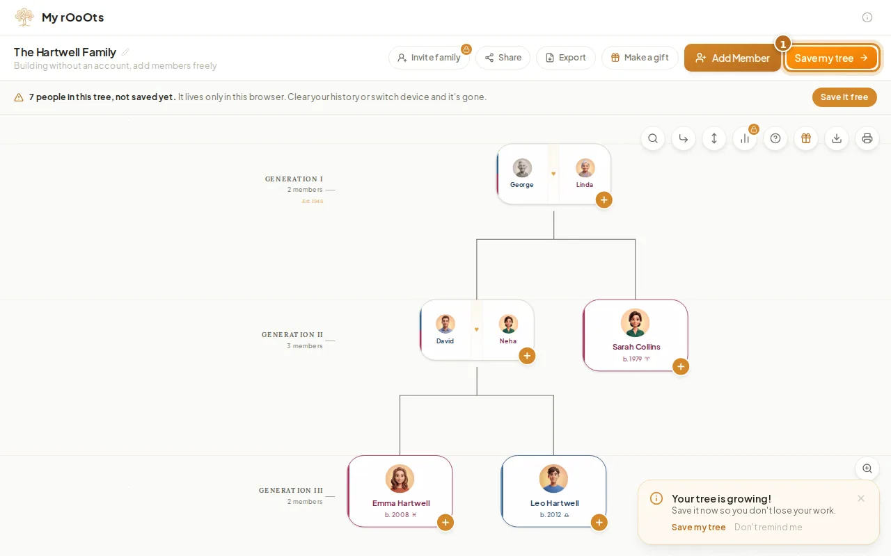 The guest tree builder with the Save my tree button highlighted