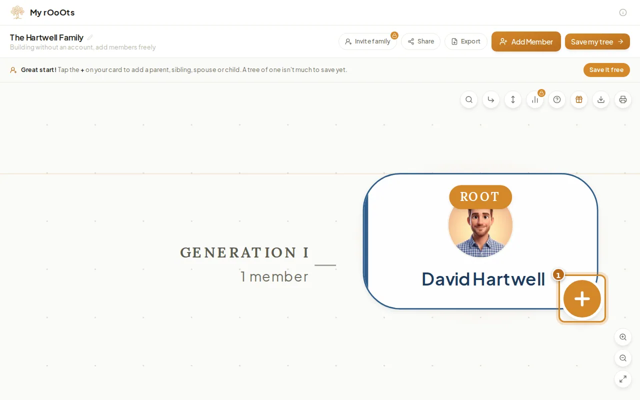 A new family tree with a single card for David Hartwell and the orange + button highlighted