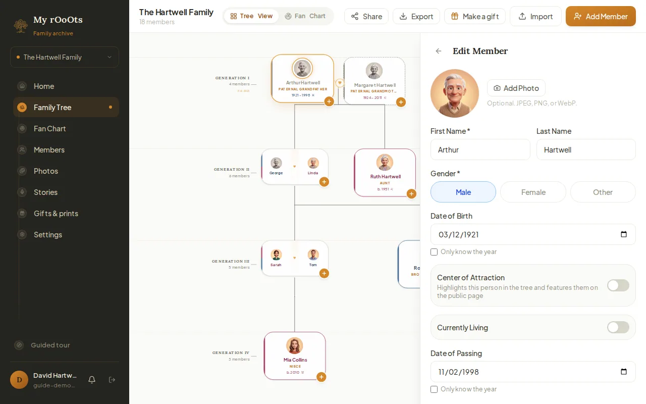 The edit member form with photo, name, gender, dates, native place, occupation and short bio fields