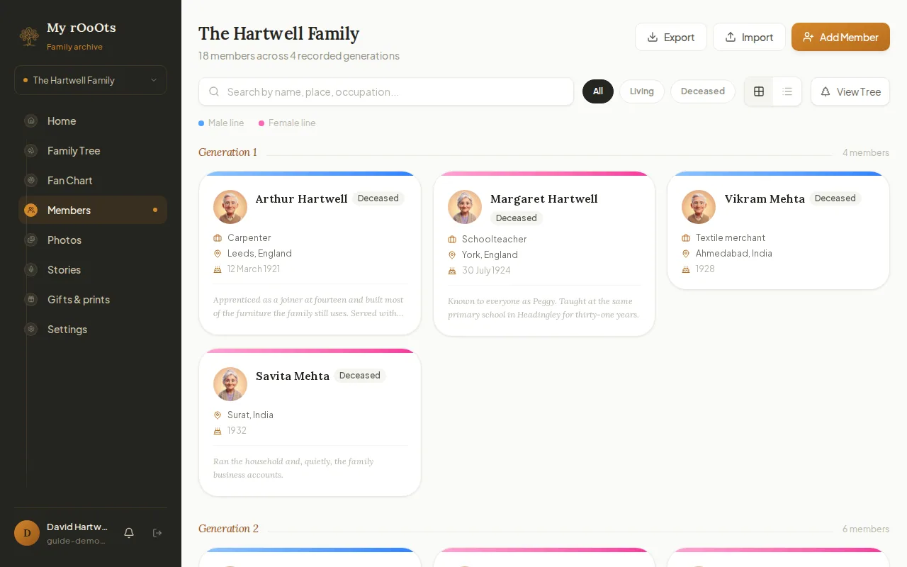 The Members page listing family members by generation with search and filters