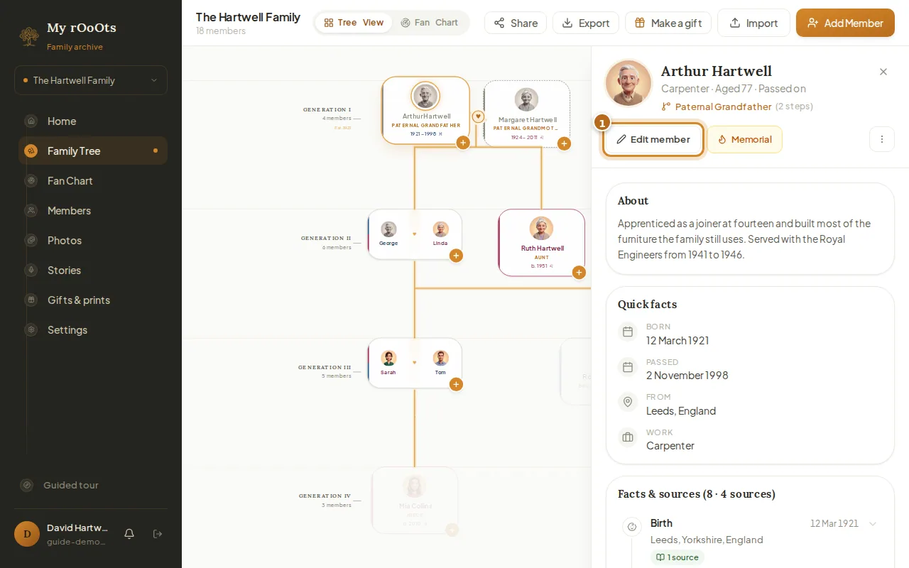 Screenshot for the guide: How to add details, dates and a biography to a family member