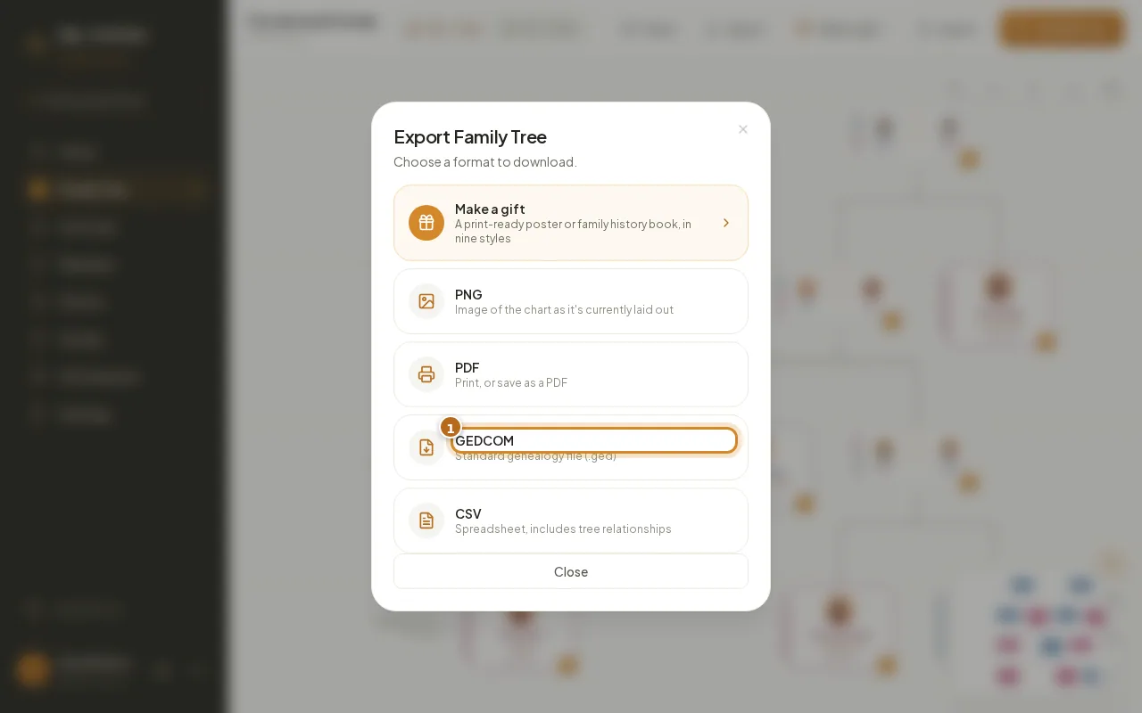 The Export Family Tree dialog listing Make a gift, PNG, PDF, GEDCOM and CSV, with GEDCOM highlighted