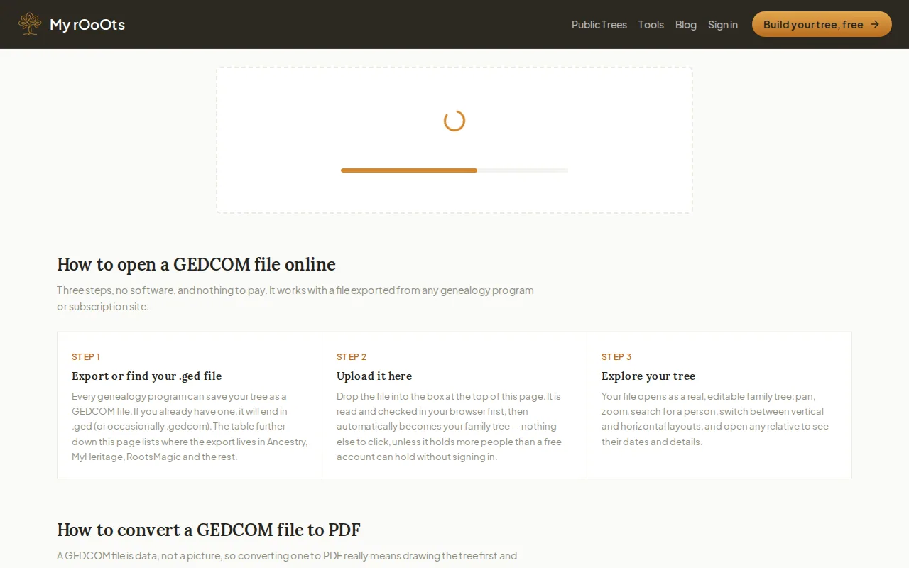 The GEDCOM viewer reading an uploaded file, with a progress bar and a status line