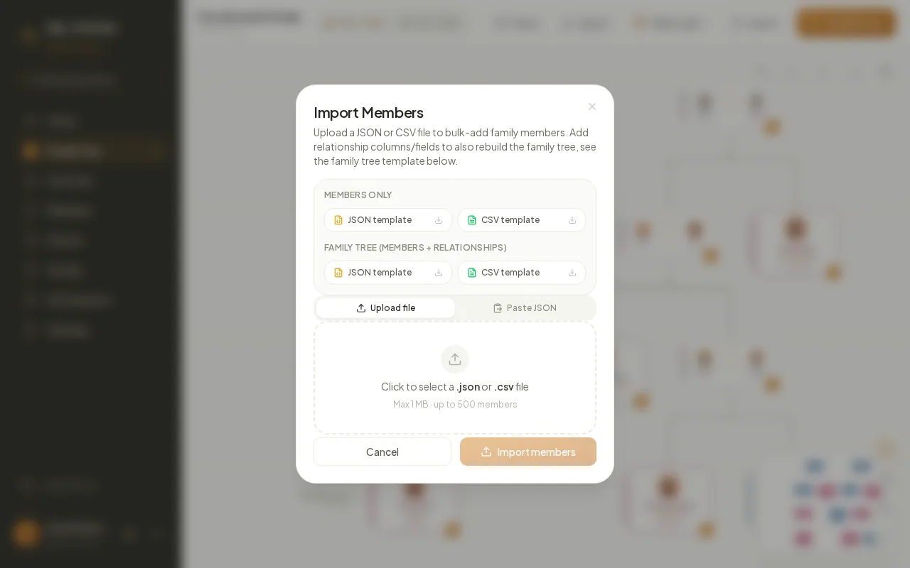 The Import Members dialog with CSV and JSON templates and an upload area