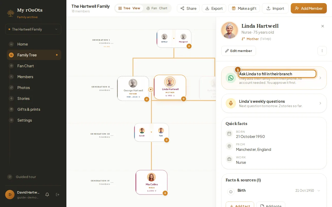 Linda Hartwell's profile panel with the Ask Linda to fill in their branch card highlighted