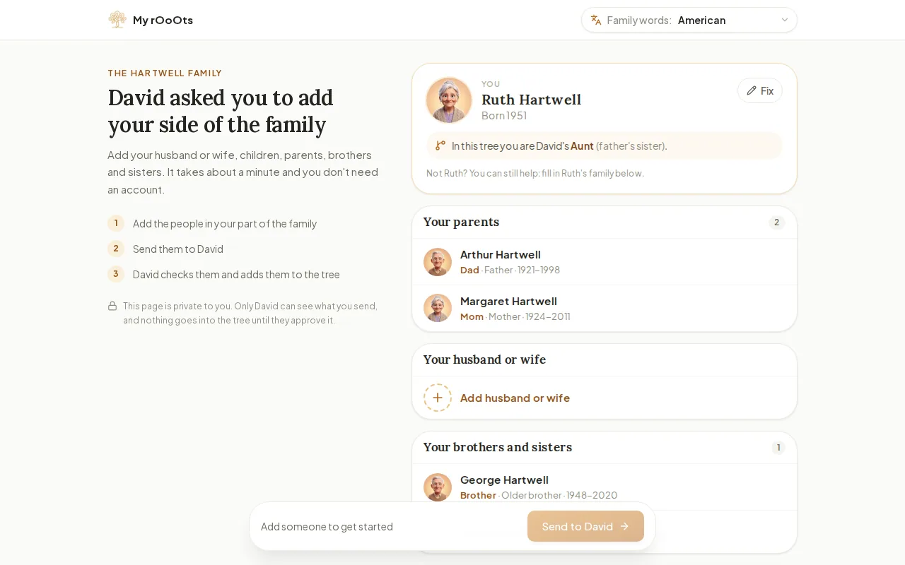 The Fill in your branch page a relative sees, asking them to add their family members