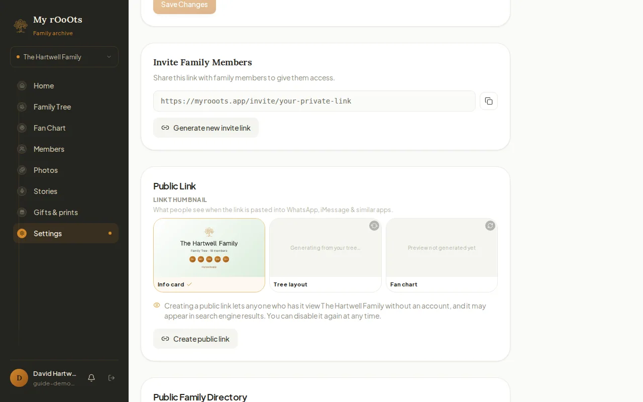 The Family Settings page showing the Invite Family Members section and the invite link