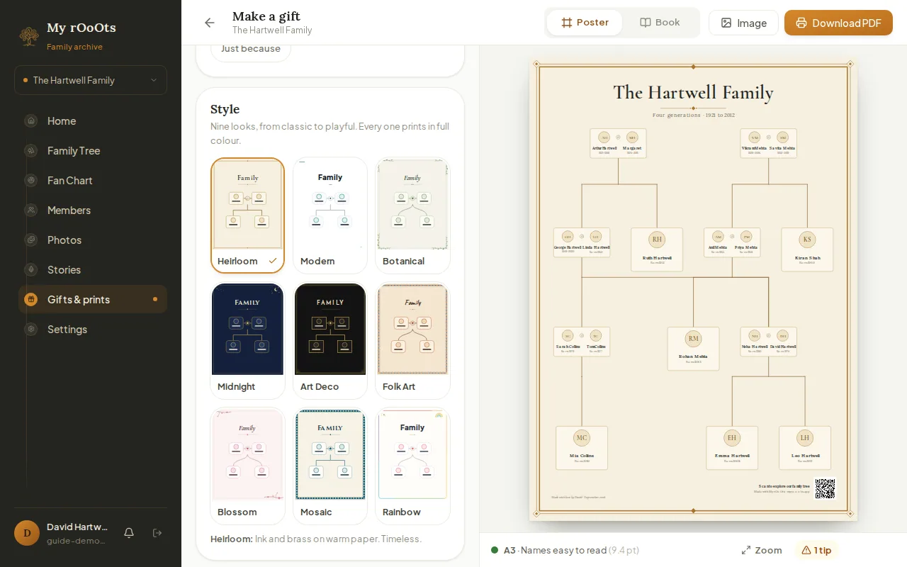 The Style section of the gift studio showing poster style thumbnails such as Heirloom, Modern and Botanical