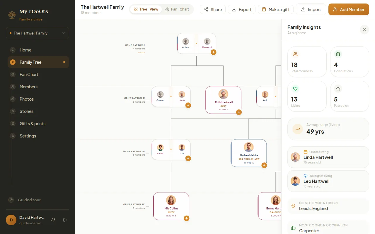 The family insights panel showing member counts, generations and tree completeness