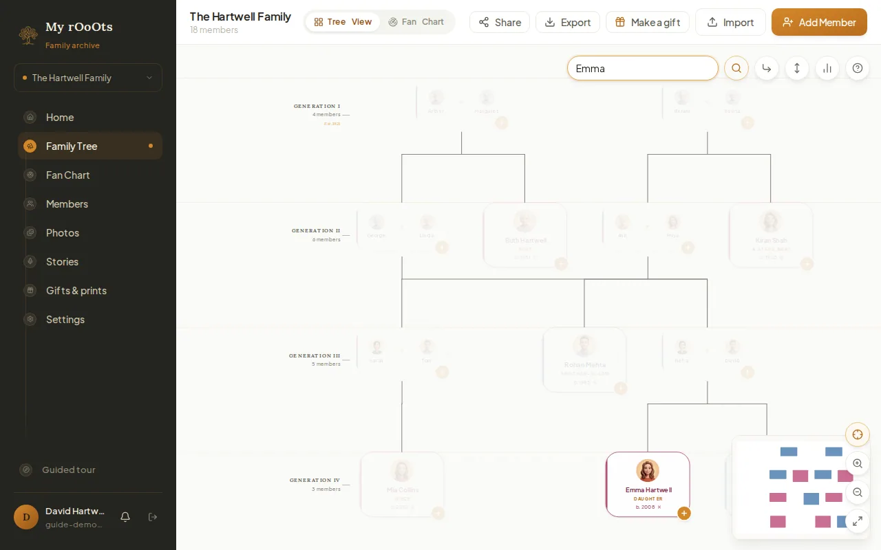 The tree search box with Emma typed in and a matching result