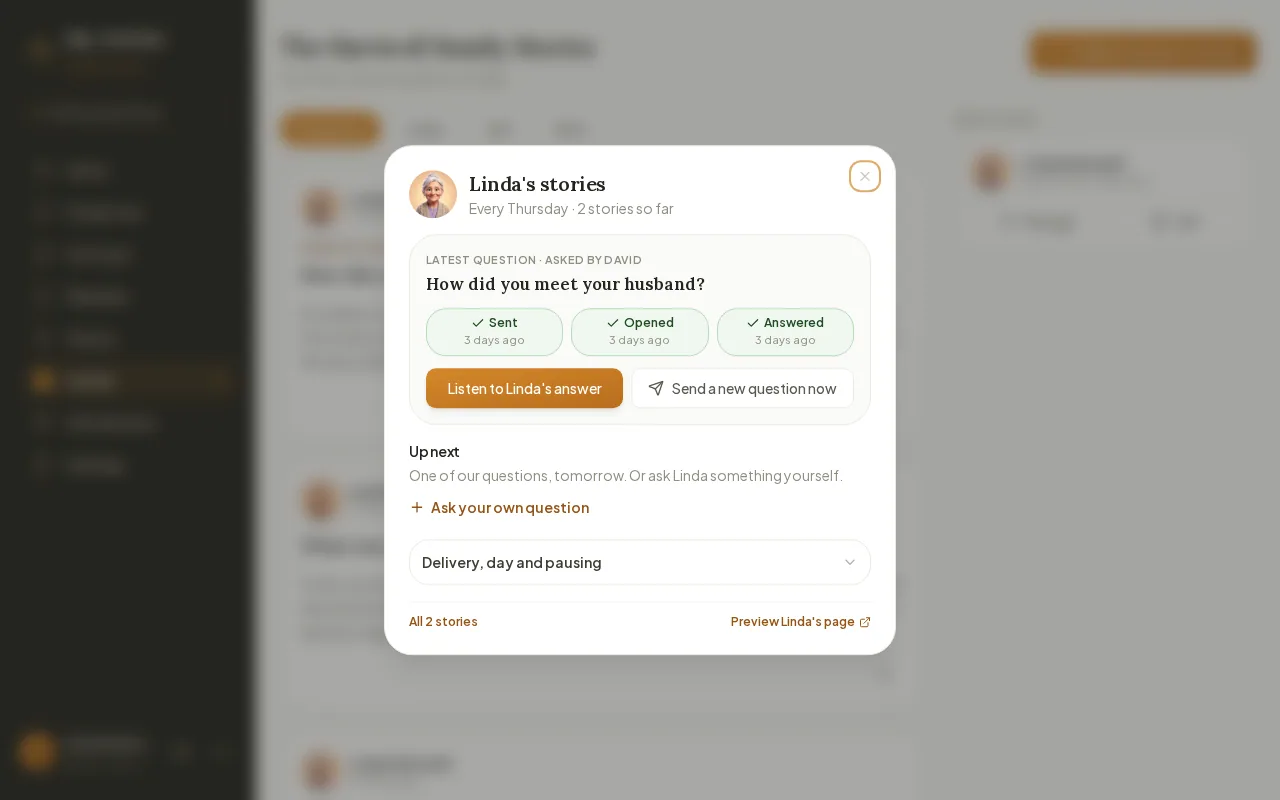 The window for managing Linda's weekly questions, showing the latest question and delivery options