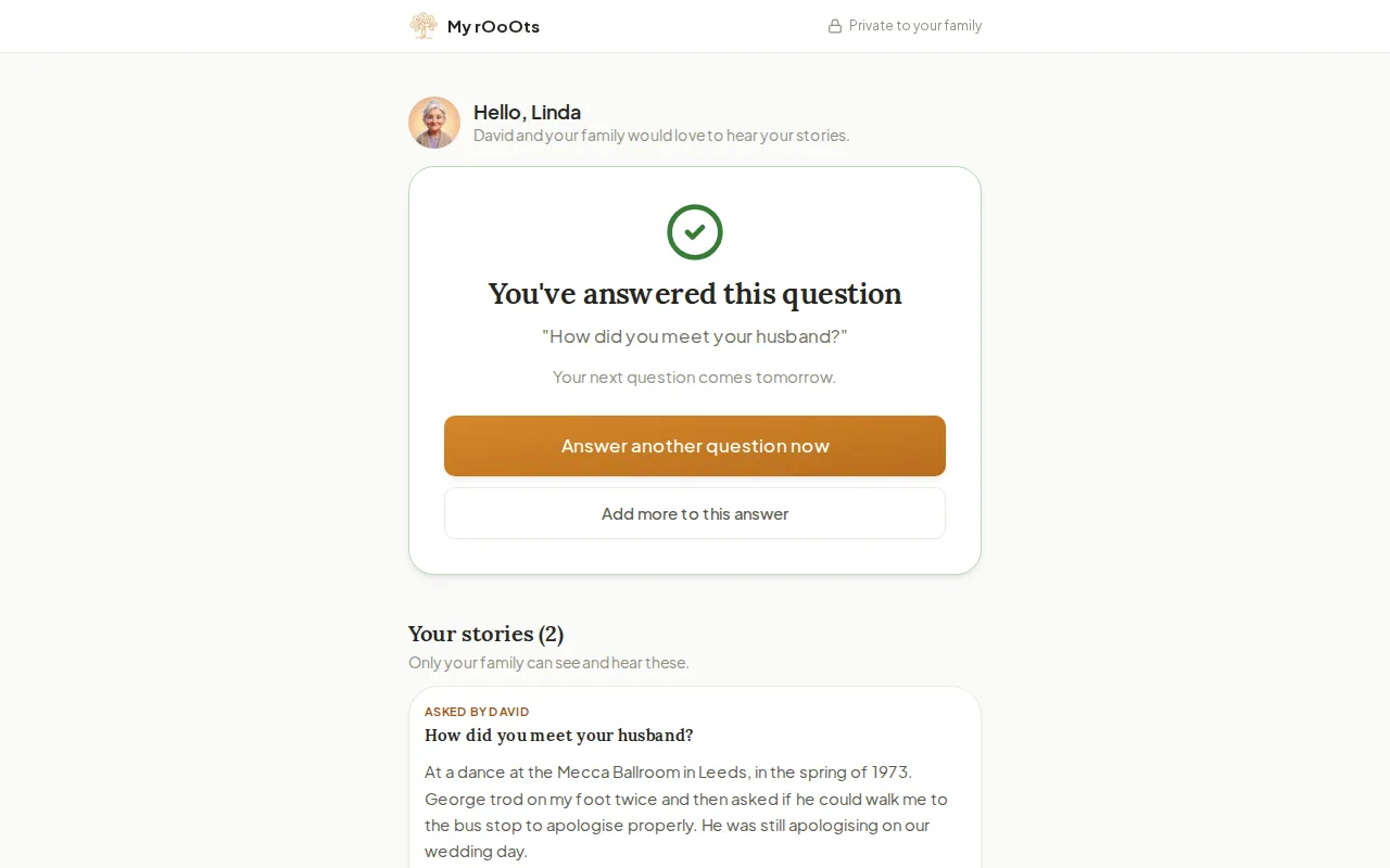 The story answer page a relative sees, with this week's question and buttons to record a voice answer or type one