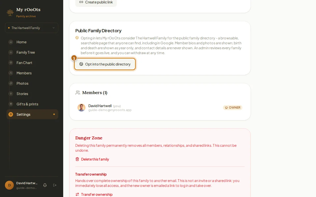 The Public Family Directory section of Family Settings with the Opt into the public directory button highlighted